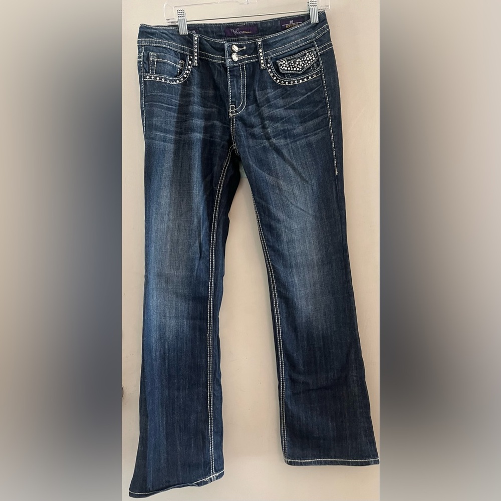 Vigoss Dark Blue Boot Cut Jeans with Embellished Pockets SAKS